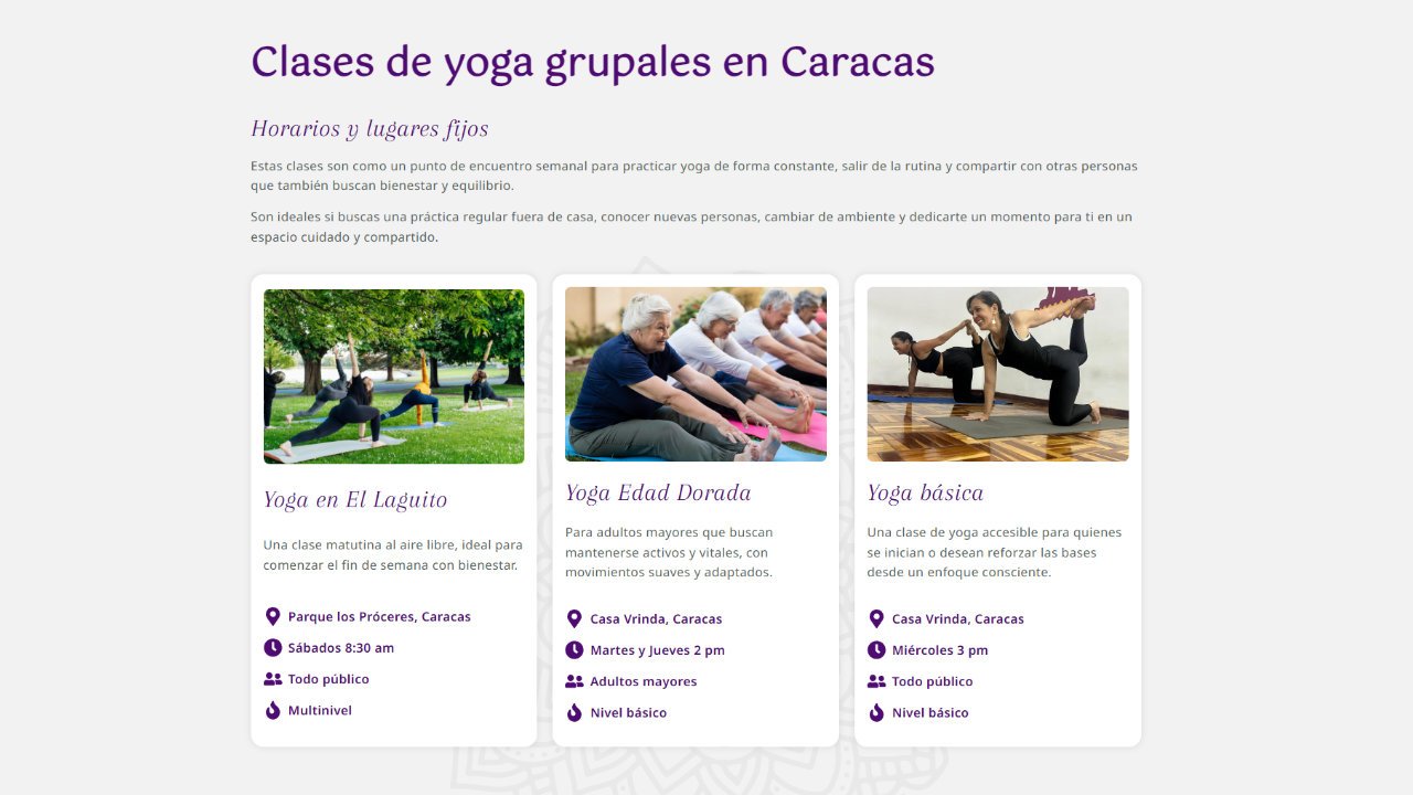 Famiyoga group yoga classes in Caracas — outdoor, senior and beginner yoga class cards with location and schedule details