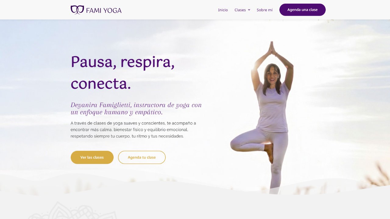 Famiyoga homepage hero, certified yoga instructor Deyanira Famiglietti in tree pose, wellness website design with violet branding. Designed by katherine Famiglietti, independent art director, expert in strategic web design and branding for wellness brands