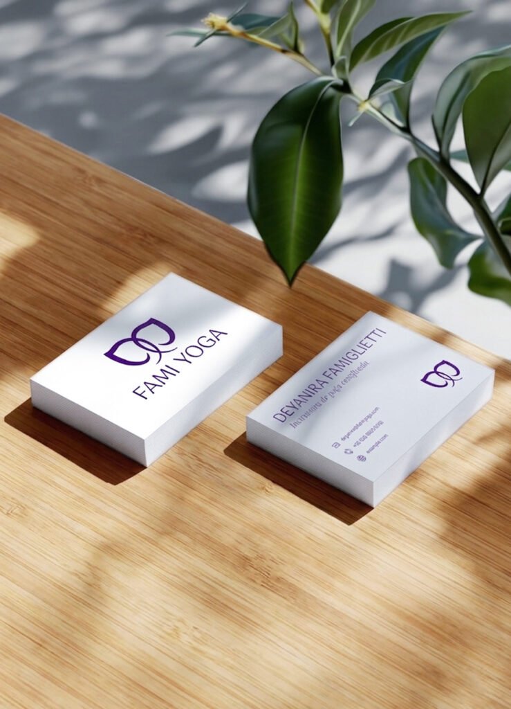 Famiyoga business card design — front and back — part of a complete wellness brand identity for a certified yoga instructor