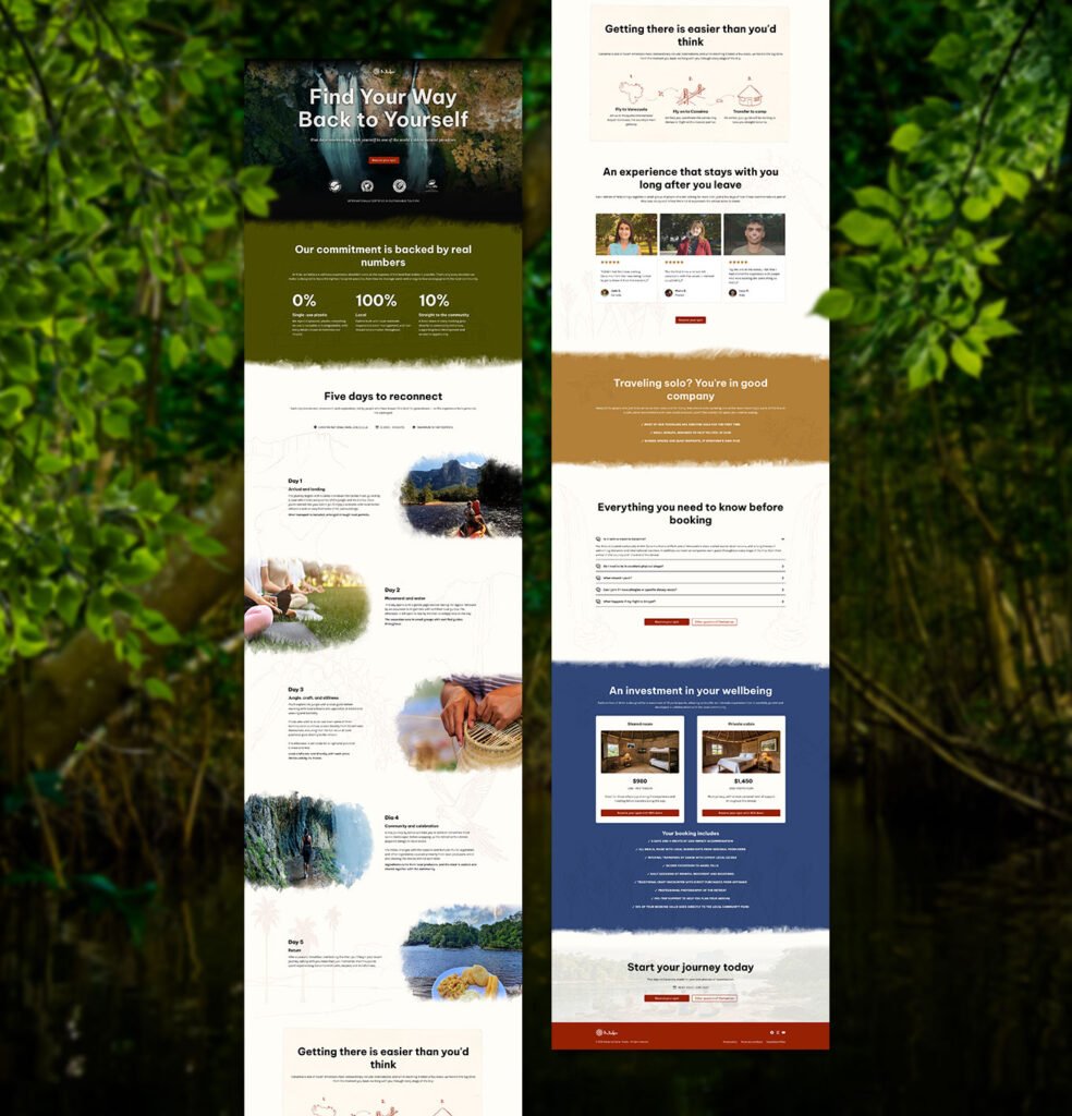 Full-page scroll of the Nido wellness retreat landing page design, showing every section from hero to booking
