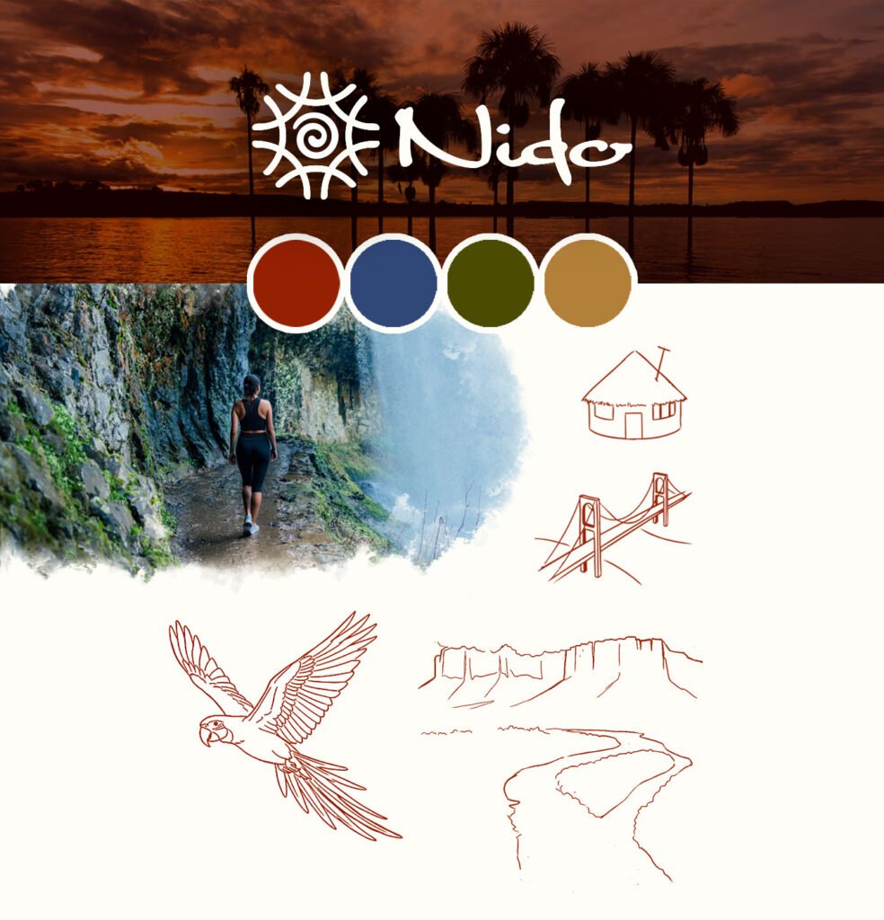 Brand identity moodboard for Nido wellness retreat, featuring logo, color palette, and hand-drawn icons inspired by Canaima
