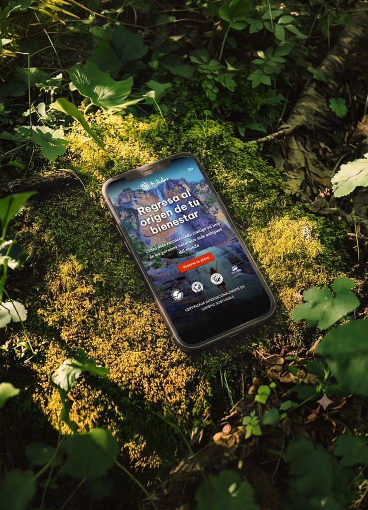 Mobile mockup of the Nido wellness retreat landing page design hero section, phone resting on moss in a forest setting