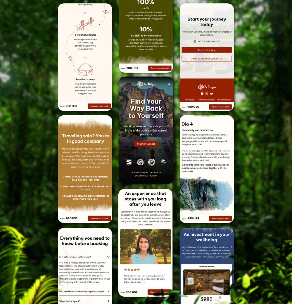 Grid of mobile screens from the Nido wellness retreat landing page design, showing logistics, testimonials, pricing, and FAQ sections