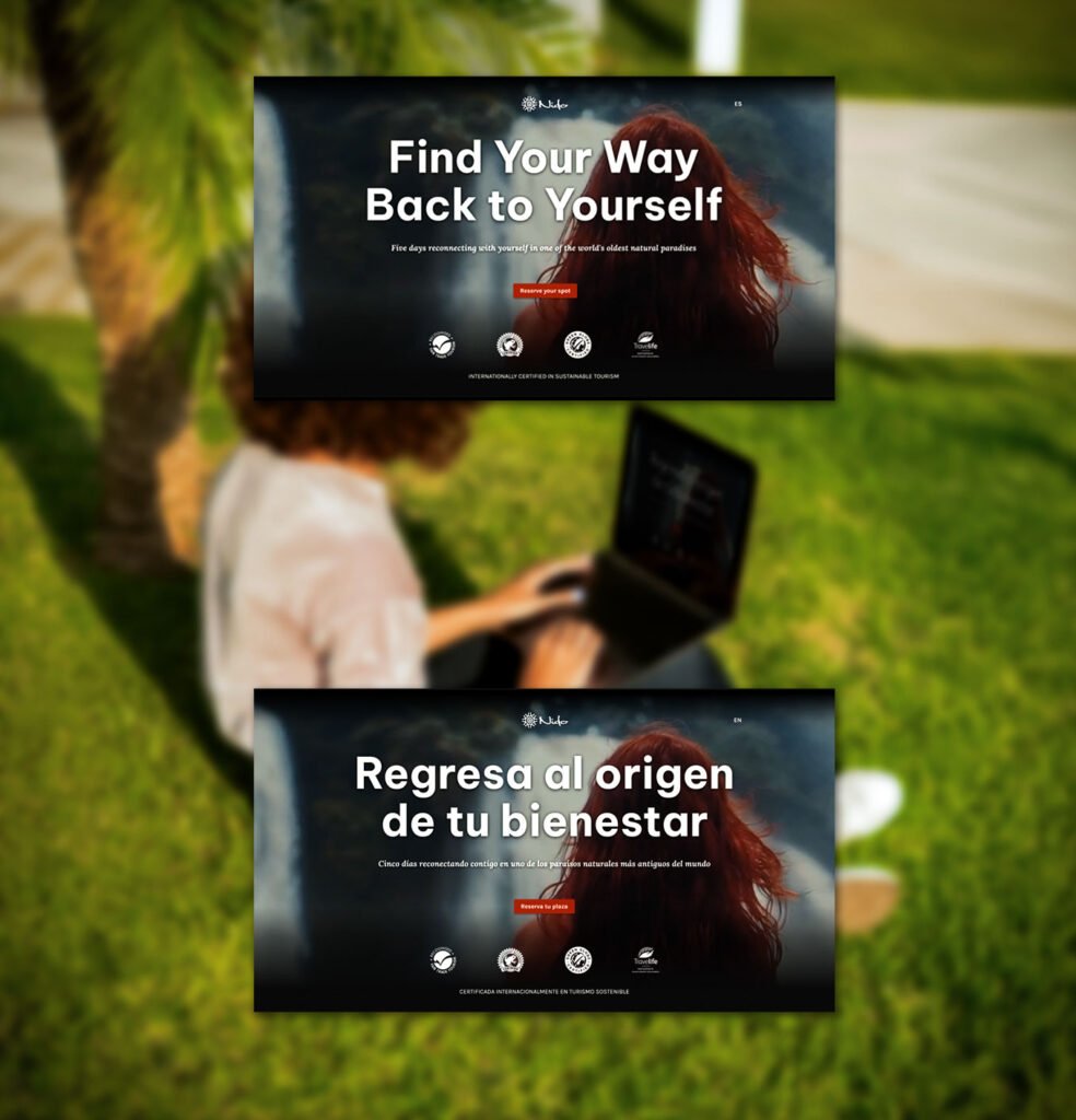 Multilingual mockup of the Nido wellness retreat landing page design, showing the English and Spanish versions side by side
