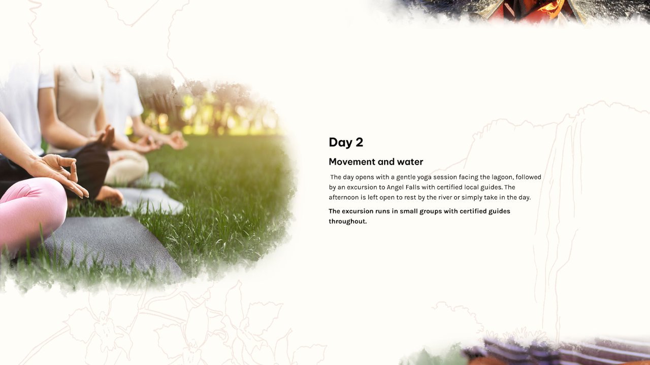 Day-by-day itinerary section of a wellness retreat landing page, featuring a yoga session by the lagoon