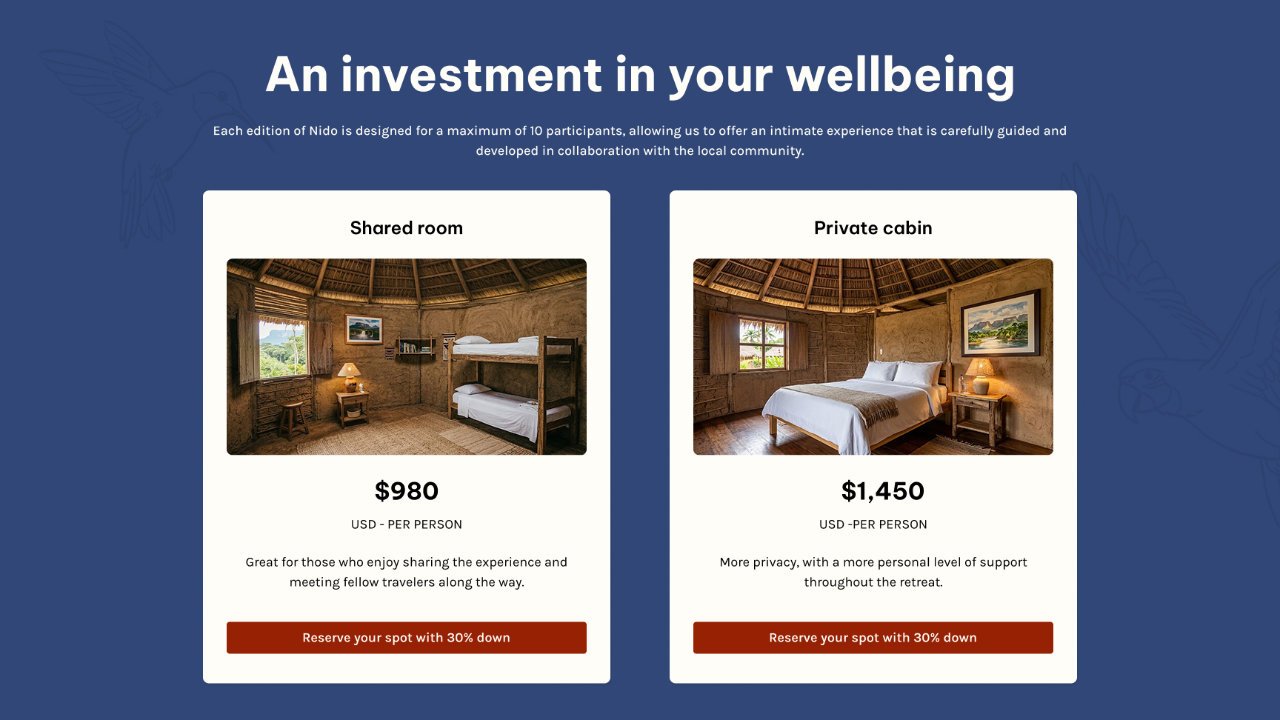 Pricing section of a wellness retreat landing page showing shared room and private cabin options with booking CTAs