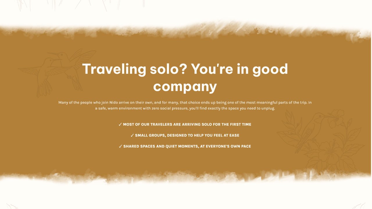 Wellness retreat landing page section addressing solo travelers with reassuring, benefit-driven messaging