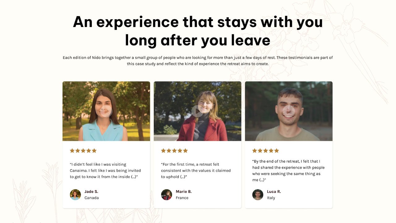 Video testimonials section on a wellness retreat landing page, placed directly before the booking call to action